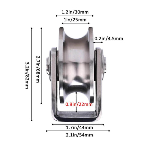 Front view of Pulley,Pulley Wheel, 2pcs Heavy Duty Track Pulley,304 Stainless Steel Translation Directional Roller with dimensions in mm