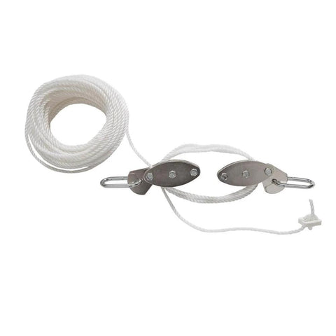 Heavy Duty Indoor Outdoor Pulley Hoist With Chromed Pulleys Polypropylene Rope 440 Lb Capacity 65 Ft, showcasing pulleys and rope