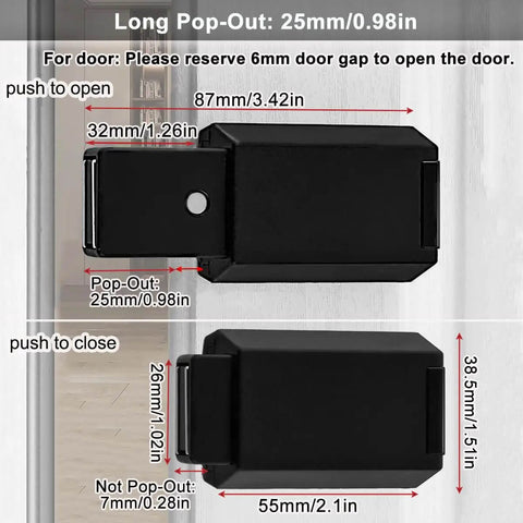 Heavy Duty Push Latch Cabinet Hardware With Magnetic Door Catch, 2 Pack Hidden Touch Latches dimensions and usage guide