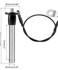 Heavy Duty Stainless Quick Release Pin VXCICC 0.39 Inch Diameter ball locking pin with lanyard, showing dimensions and black flat handle.