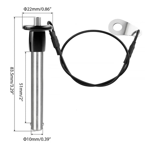 Heavy Duty Stainless Quick Release Pin VXCICC 0.39 Inch Diameter ball locking pin with lanyard, showing dimensions and black flat handle.