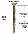 Heavy Duty Wood To Metal Reamer Tek Screws With Self Drilling Tip Torx T30 Star Head 14 By 2 And 3 Quarters Inch For Flatbeds And Trailers 170 Count In A 5 Pound Pack Great For Wood To Mild Steel Or Aluminum Joints Not For Welded Seams Or Tempered Metal, showing screw dimensions and thickness compatibility