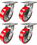 Set of four Heavy Duty Caster Wheels with Polyurethane on Cast Iron, Industrial Plate Mount Casters, 1000lb per Wheel Capacity