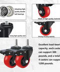 Three Inch Stem Caster Wheels Swivel With Double Locking Design, Heavy Duty Set Of Four with high load-bearing capacity and red wheels.
