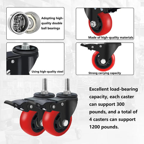 Three Inch Stem Caster Wheels Swivel With Double Locking Design, Heavy Duty Set Of Four with high load-bearing capacity and red wheels.