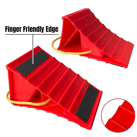 Heavy Duty Wheel Chocks For Travel Trailers, HOXWELL Two Pair Non Slip Red Blocks With Finger Friendly Edge and Rope