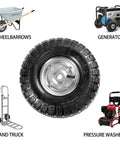 10" heavy-duty replacement tire 4.10/3.50-4 for carts, hand trucks, generators, lawn mowers, garden wagons, shown with usage examples