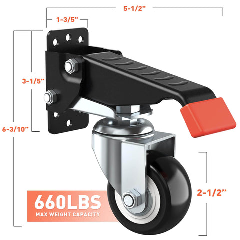 4-Pack Retractable Workbench Casters Kit - Heavy Duty 660 lbs Bench Caster Wheels with measurement details and weight capacity.
