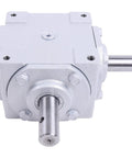 Heavy Duty 40 HP Right Angle Bevel Gearbox 1:1 1800 RPM Crosshole Keyed Shaft, front view showing bolts and shafts
