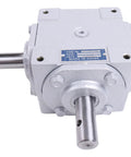 Heavy Duty 40 HP Right Angle Bevel Gearbox 1:1 1800 RPM Crosshole Keyed Shaft with metal finish, front view