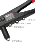 Pro Grade Heavy Duty Riveter Kit with 120 Assorted Rivets, portable manual pop rivet gun in close-up view highlighting rivet sizes.