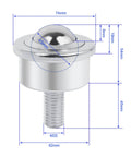 Heavy Duty Roller Ball Transfer Bearing Caster with M20 Screw Ball Transfer Unit shown with dimensions and measurements