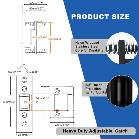 Diagram of 2 Pack Heavy Duty Door Roller Catch With Strike Plate, Silent Drive In Ball Catch, showing dimensions and components.
