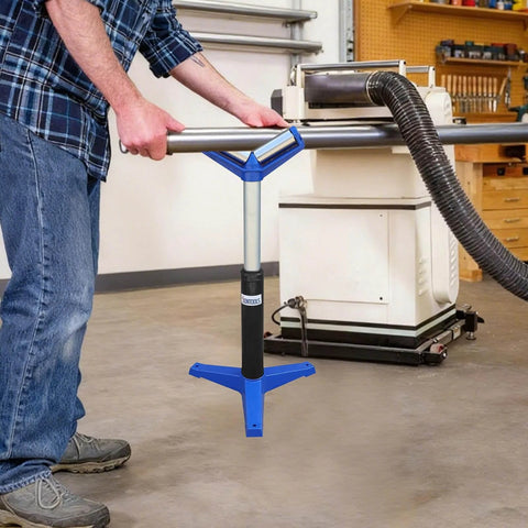 Man using ✝️ V-Head Heavy-Duty Roller for Woodworking - 1,760 Lb Load Capacity, Adjustable Height 22.83-38.19 Inches in workshop