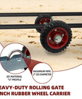 Rolling Gate Hardware Kit for Farm Fence and Sliding Gates with 6 Inch Double Wheel Carrier close-up on sandy ground