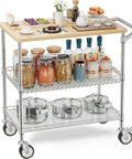 Heavy Duty Rolling Kitchen Cart With Wheels, 34 Inch L By 17.5 Inch W, 3 Tier Utility Cart With Wood Top, Workhorse NSF Certified Commercial Chrome Serving Cart With Handle And Shelf Liner, Ideal For Kitchen Prep, Catering, And Mobile Storage.