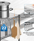 Heavy Duty Rolling Utility Cart With Wheels For Kitchen And Restaurant Use Kitchen Workhorse 45 Inch NSF Certified Commercial Grade Steel Cart 1120 Lbs Capacity With Handle And Shelf Liners Black Leteuke displayed in use with kitchen utensils, shelf liners, and hanging hooks.