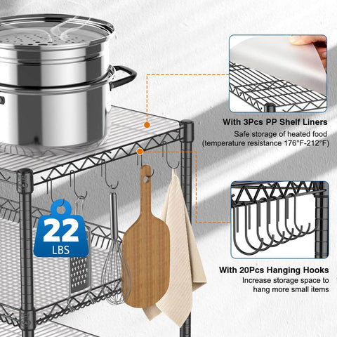 Heavy Duty Rolling Utility Cart With Wheels For Kitchen And Restaurant Use Kitchen Workhorse 45 Inch NSF Certified Commercial Grade Steel Cart 1120 Lbs Capacity With Handle And Shelf Liners Black Leteuke displayed in use with kitchen utensils, shelf liners, and hanging hooks.