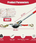 1-1/2 Ton Rope Puller With 100 Ft 0.6 In Rope, 2 Hook Heavy Duty Come Along Winch For Boats, showing product dimensions and features.