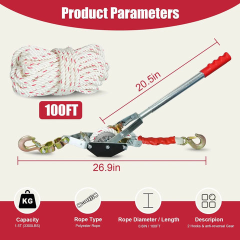 1-1/2 Ton Rope Puller With 100 Ft 0.6 In Rope, 2 Hook Heavy Duty Come Along Winch For Boats, showing product dimensions and features.