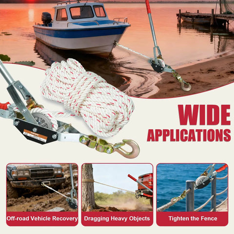 1-1/2 Ton Rope Puller With 100 Ft 0.6 In Rope, 2 Hook Heavy Duty Come Along Winch for boats and outdoor applications