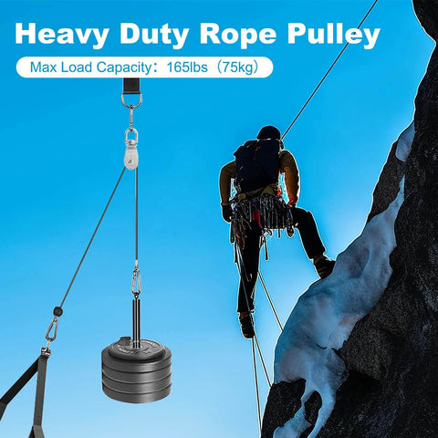 Climber using heavy duty rope pulley for lifting on a rock face, showcasing max load capacity of 165 lbs (75 kg).