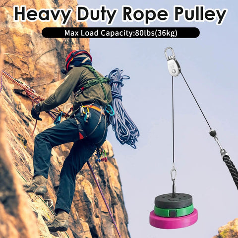Heavy Duty Swivel Pulley used for climbing with a load capacity of 80lbs, featuring an 80lbs weight illustration and climber