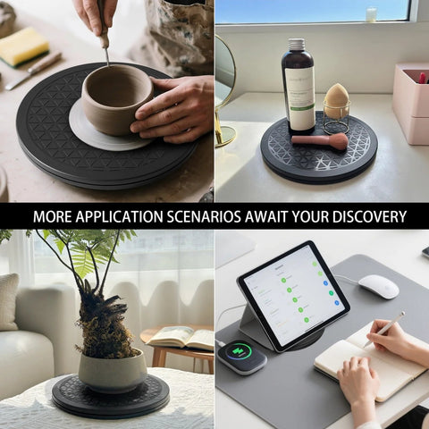 Heavy Duty Rotating Swivel Stand With 8 Inch Lazy Susan Base in various settings for plants, crafts, and electronics.