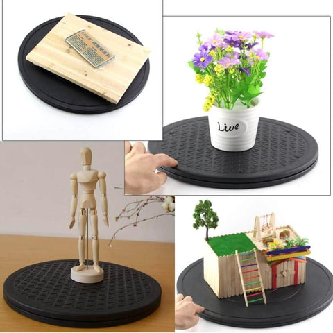 12 Inch Heavy Duty Rotating Swivel Stand with Steel Ball Bearings displaying craft items and plants, showcasing smooth 360 rotation.