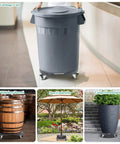 Large trash can on Round Dolly with Wheels Heavy Duty, Adjustable Pot Dolly 16-20 Inch, for smooth motion, stable alignment.