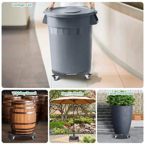 Large trash can on Round Dolly with Wheels Heavy Duty, Adjustable Pot Dolly 16-20 Inch, for smooth motion, stable alignment.