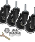 Heavy Duty Rubber Caster Wheels Set Of Four With Three Eighths Inch Threaded Stem And One And A Half Inch Stem Length Three Inch Wheel Quiet Smooth Rolling For Furniture And Hardwood Floors, includes nuts and wrench.