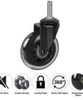 Close-up of Heavy Duty Rubber Caster Wheels Set Of Four With Three Eighths Inch Threaded Stem And One And A Half Inch Stem Length Three Inch Wheel Quiet Smooth Rolling For Furniture And Hardwood Floors. Features include no noise, double bearing, locking pedal, and 360-degree rotation with polyurethane wheel.