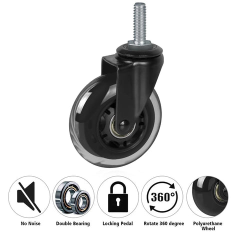 Close-up of Heavy Duty Rubber Caster Wheels Set Of Four With Three Eighths Inch Threaded Stem And One And A Half Inch Stem Length Three Inch Wheel Quiet Smooth Rolling For Furniture And Hardwood Floors. Features include no noise, double bearing, locking pedal, and 360-degree rotation with polyurethane wheel.