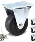 Heavy Duty 2 Inch Rubber Caster Wheels For Furniture, Rigid Fixed Casters With Non Swivel Top Plate, 4 Pack shown with screws