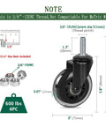 Heavy Duty Rubber Caster Wheels Set Of Four With Three Eighths Inch Threaded Stem And One And A Half Inch Stem Length Three Inch Wheel Quiet Smooth Rolling For Furniture And Hardwood Floors, side view with measurements and hex nuts.