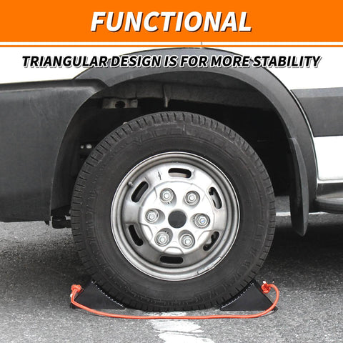 Heavy Duty Rubber Wheel Chocks With Eyebolt For Campers Travel Trailers RVs Trucks And ATVs Anti Slip And Anti Oil Design in use