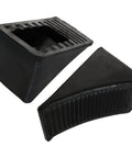 Heavy Duty Rubber Wheel Chocks 4 Pack For Trailers And RVs Ideal For Cars Travel Trailers Trucks And ATVs 6.3 X 4 X 4 Inches UV And Oil Resistant All Weather Black Chocks By CertBuy, side view showing triangular shape and textured grip.