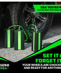 Heavy Duty Rubber Wheel Chocks For Trucks Trailers RVs And Aircraft With Non Slip Grip And Reflective Strips For Low Light Safety Rhino USA For All Weather Use next to tire
