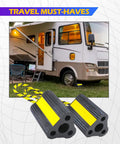 Heavy Duty Rubber Wheel Chocks For Cars, RVs, Campers, Trailers And Trucks With Non Slip Grip And 3 Reflective Strips, 8.3 Inch Long Tire Stopper Blocks shown with RV