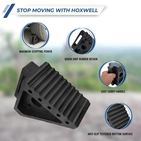 Heavy Duty Rubber Wheel Chocks Set Of 4 For Cars Trailers RVs Trucks And ATVs Premium Non Slip Tire Stoppers 8 X 4 X 6 Inches Durable Solid Rubber Black with textured grip, easy carry handle, and anti-slip surface
