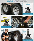 Heavy Duty RV Wheel Chocks Stabilizers With X Shaped Design For Travel Trailers And Campers 2 Pack Fits 3.5 To 12 Inch Wheel Gaps shown installed in three ways, including by hand, ratchet wrench, and cordless drill.