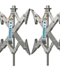 American Made Built Tough Heavy Duty Wheel Stabilizer Pair With One Handle For RV And Trailer Stabilization Reduces Tire Sway Between Tandem Tires With Zinc Coated Steel, front view of X-Chocks