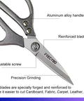 Close-up of Heavy Duty 8.5 Inch All Purpose Scissors With Reinforced Stainless Steel Blades And Durable Metal Handles detailing features.