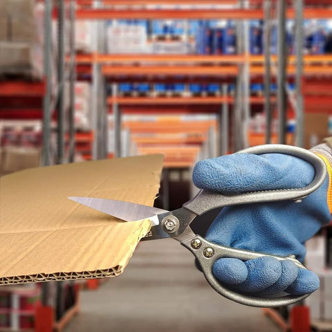 Cutting cardboard with Heavy Duty 8.5 Inch All Purpose Scissors With Reinforced Stainless Steel Blades And Durable Metal Handles