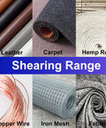 Various materials like leather, carpet, hemp rope, copper wire, iron mesh, and fabric representing shearing range for Heavy Duty 8.5 Inch All Purpose Scissors With Reinforced Stainless Steel Blades And Durable Metal Handles For Home Office Easy Cutting Cardboard Fabric Carpet Leather And Other Materials