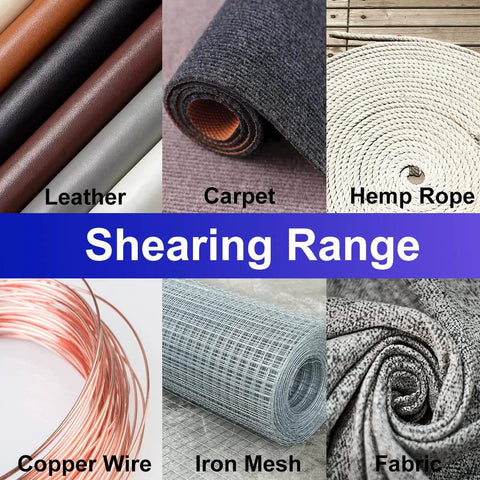 Various materials like leather, carpet, hemp rope, copper wire, iron mesh, and fabric representing shearing range for Heavy Duty 8.5 Inch All Purpose Scissors With Reinforced Stainless Steel Blades And Durable Metal Handles For Home Office Easy Cutting Cardboard Fabric Carpet Leather And Other Materials