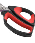 Close-up of red and black handle of 10 Inch Heavy Duty Scissors With Titanium Coating Forged Stainless Steel Blades For Pruning Gardening Fabric