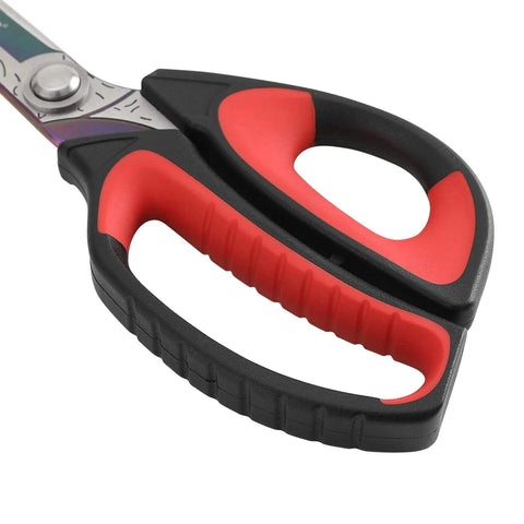 Close-up of red and black handle of 10 Inch Heavy Duty Scissors With Titanium Coating Forged Stainless Steel Blades For Pruning Gardening Fabric