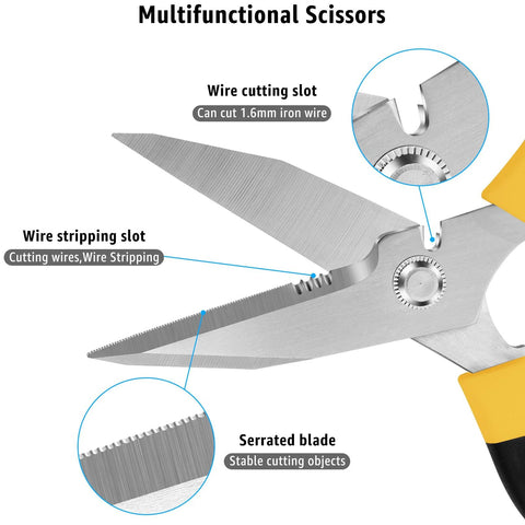 Close-up of heavy duty 8 inch utility scissors with serrated blades, wire cutting and stripping slots, for multi-purpose use.
